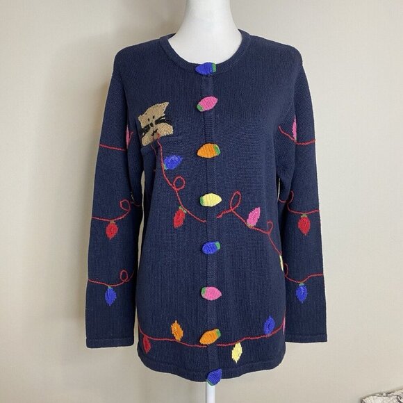 Vintage Quacker Factory Cat Holiday Christmas Light Sweater Cardigan Blue Medium - Picture 1 of 12